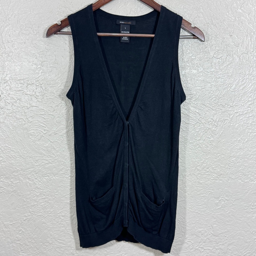 BCBGMaxazria Sweater‎ Vest Cardigan Large Pima Cotton Pockets Snap Luxury Gothic